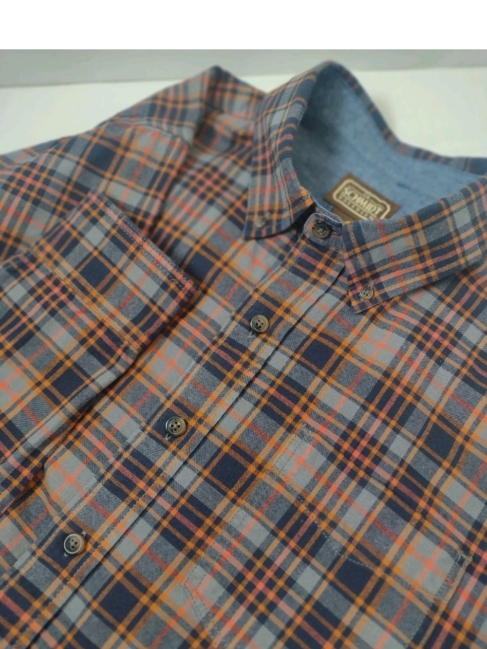 Men's Plaid Medium Button-Down Shirt in Navy, Gray and Orange Plaid Long Sleeve